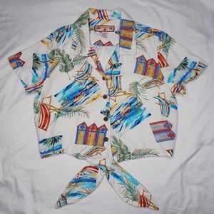 Caribbean Joe Hawaiian Style Crop Top, Button Up with Front Tie Knot, Size PM